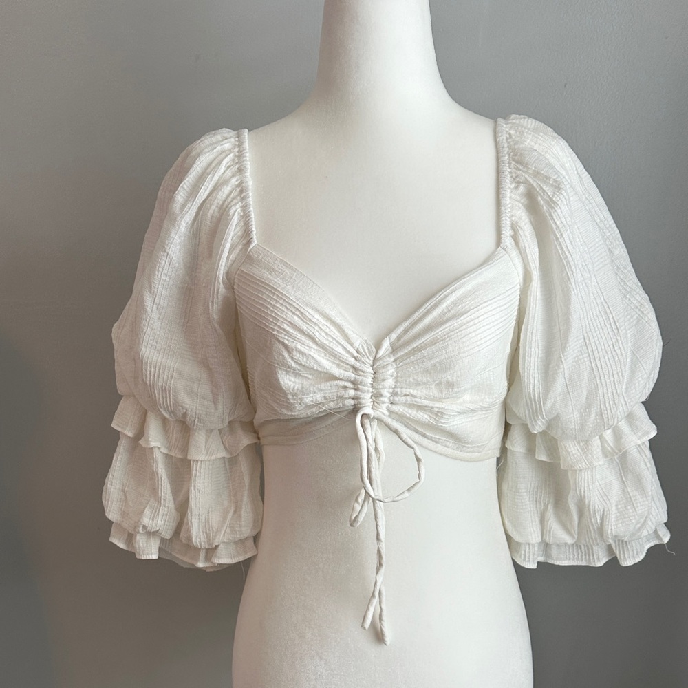 Elegant White Ruched Blouse with Puff Sleeves